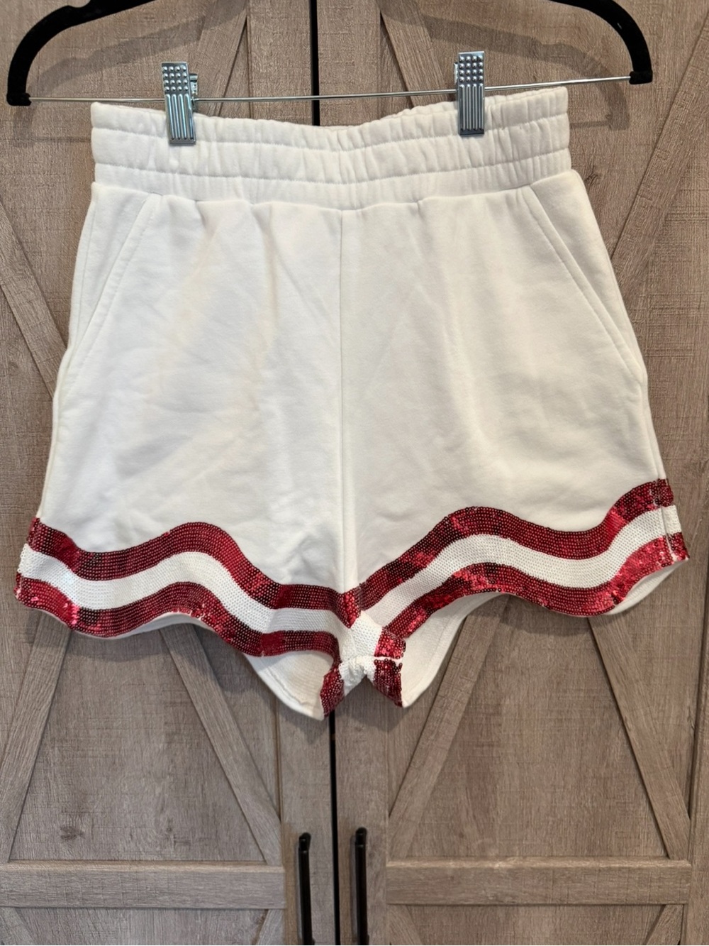 QUEEN OF SPARKLES White Shorts with Red Sequin Trim